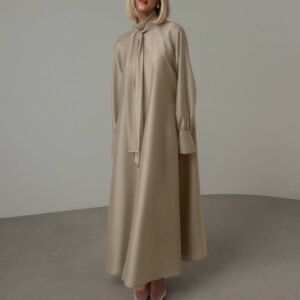 Stand-up Collar Tie-up Long Sleeve Side Slit Dress