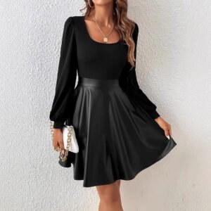 PU Leather Patchwork A-line Dress With A Square Neckline And Puff Sleeves