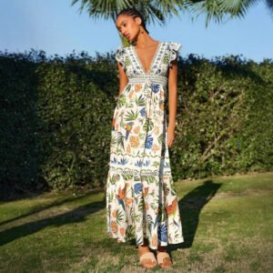 Ladies Summer Holiday Dress With Ruffle-Trimmed Sleeves For A Casual Look