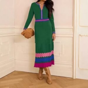 Patchwork V-neck Long Retro Waist-cinched Dress