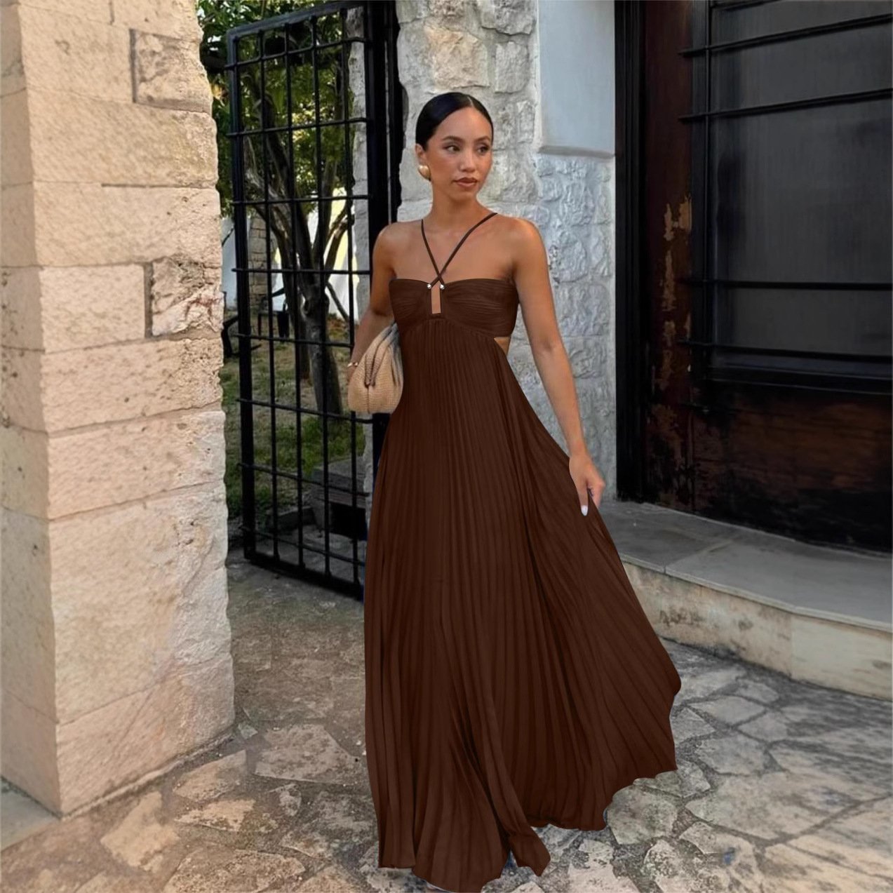 Ins Pleated Sleeveless Sling Dress Hollow High Waist Halter Robe Dresses For Evening Party Club Clothing Women - Image 4