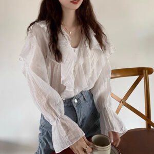 Womens Solid-Color Irregular Chiffon Long-Sleeve Shirt