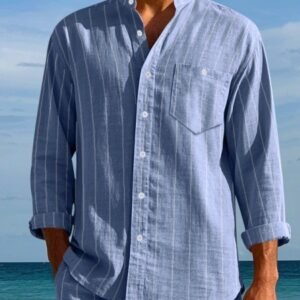 Men's Linen Fashion Shirt Striped Stand-up Collar Loose-fitting Breathable Casual