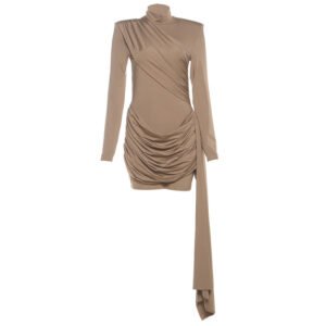 Womens Backless Crew-Neck Sheath Dress With Flowing Ribbons And Pleating