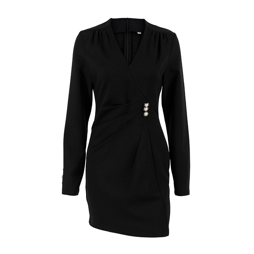 Pearl-button V-neck Long-sleeve Elegant Waist-cinched Dress - Image 5