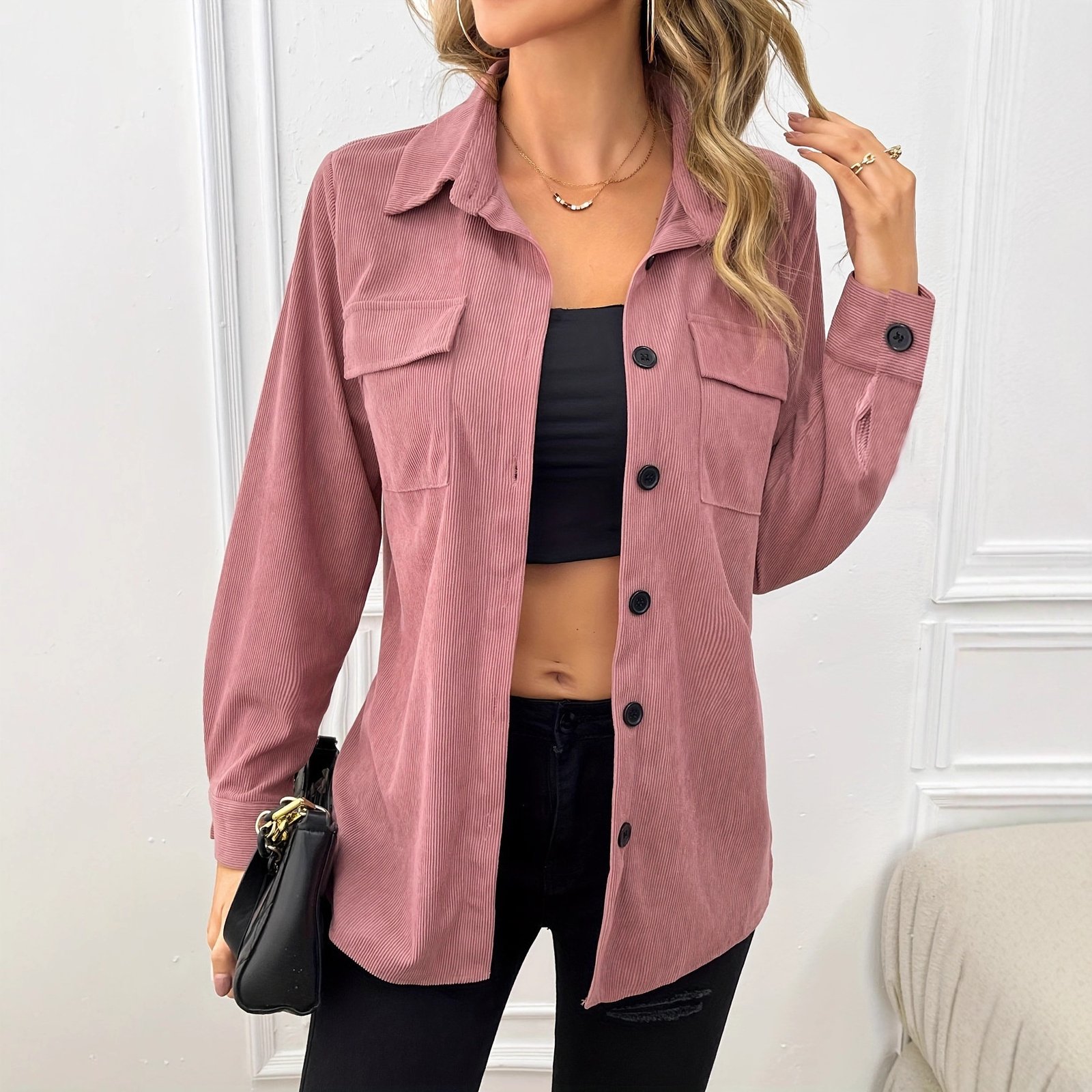 Corduroy Lapel Shirt Vintage Cardigan Pocket Shirt Coat Women - Image 2
