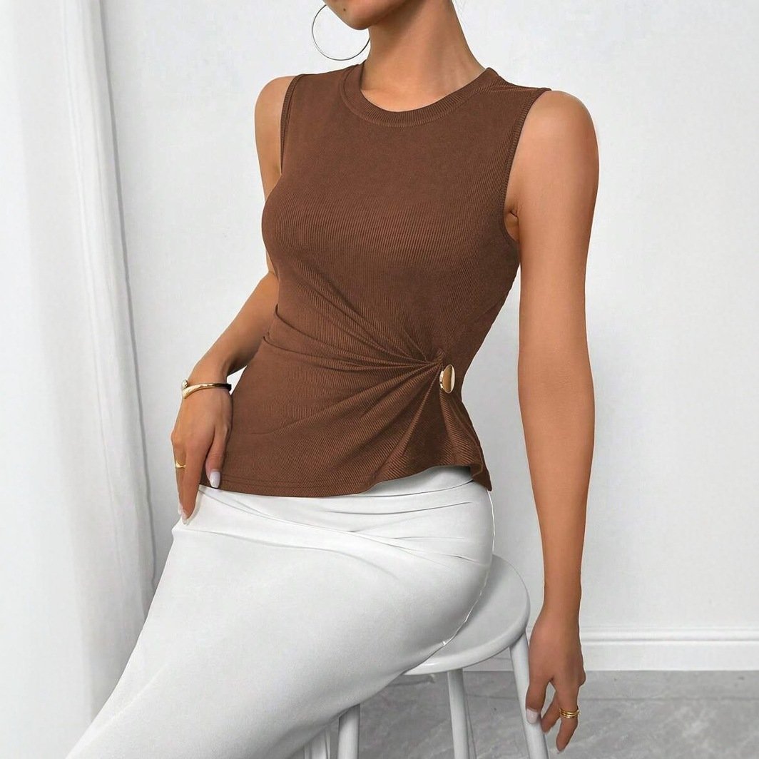 Solid-color Pleated Waist-cinching Sleeveless Top For Women - Image 2