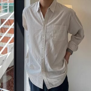 Mens Casual Loose-fitting Long-sleeve Striped Shirt