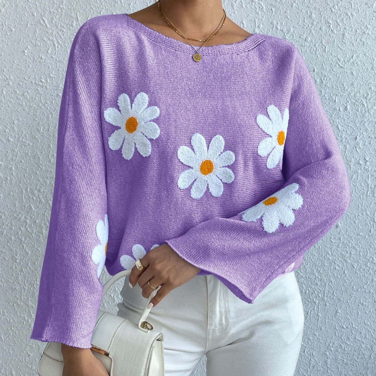 Sweet Flowers Loose Knitted Sweater For Women - Image 7