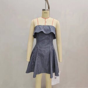 Retro, High-end Blue Plaid Tube Dress