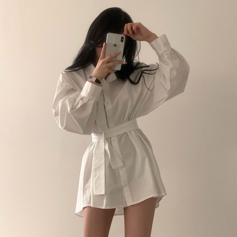 Womens Minimalist Solid-color Loose-fitting Belted Shirt Dress - Image 5
