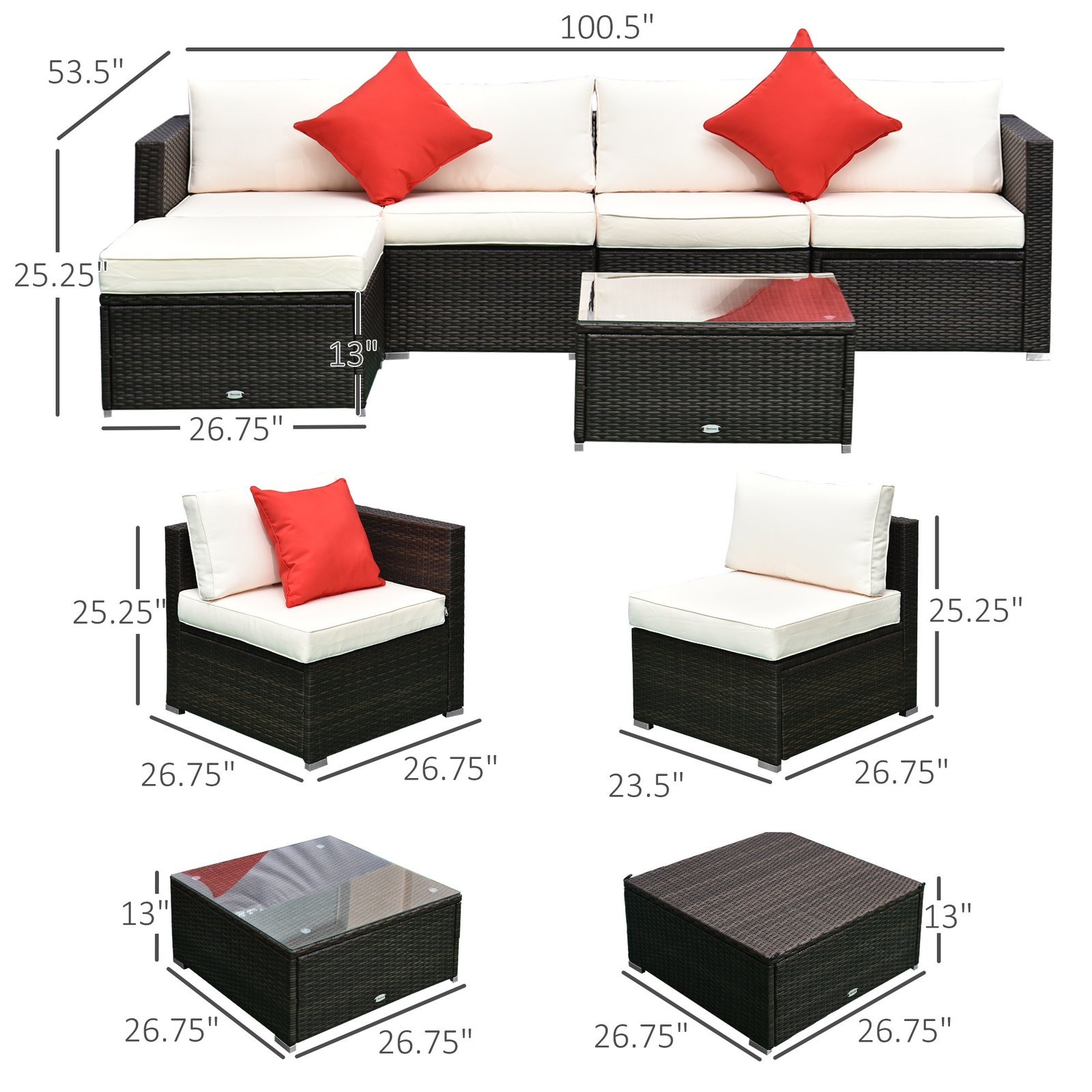 6 Piece Patio Furniture Set Outdoor Wicker Conversation Set All Weather PE Rattan Sectional Sofa Set with Ottoman, Cushions and Tempered Glass Table, Mixed Brown and Cream White - Image 3