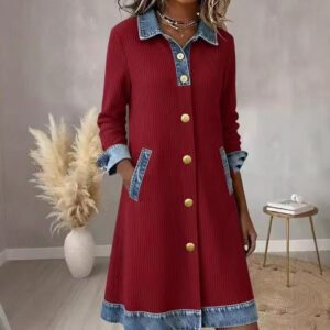 Womens Buttoned Long-Sleeve Corduroy Patchwork Denim Dress