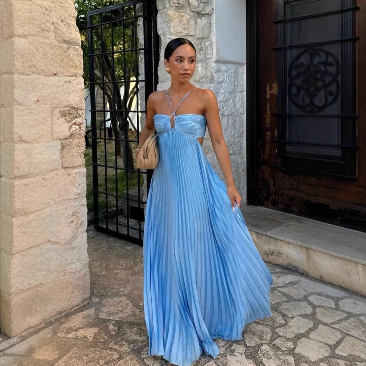 Ins Pleated Sleeveless Sling Dress Hollow High Waist Halter Robe Dresses For Evening Party Club Clothing Women - Image 9