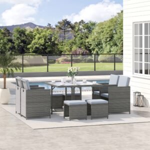9 Piece Outdoor Rattan Wicker Dining Table and Chairs Furniture Set Space Saving Wicker Chairs w/ Cushions - Gray