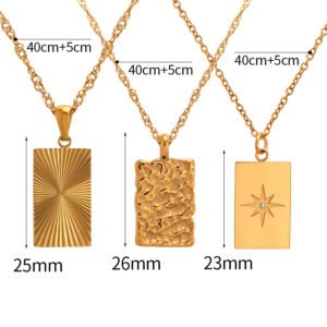 Rectangular Pendant With Shimmering Textured Surface On A Stainless Steel Necklace