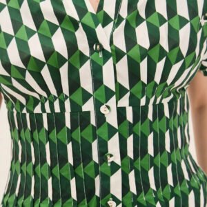 Fitted-waist V-neck Button-front Short-sleeve Dress