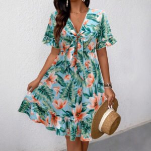 V-neck Floral-print Chic Resort-style Dress