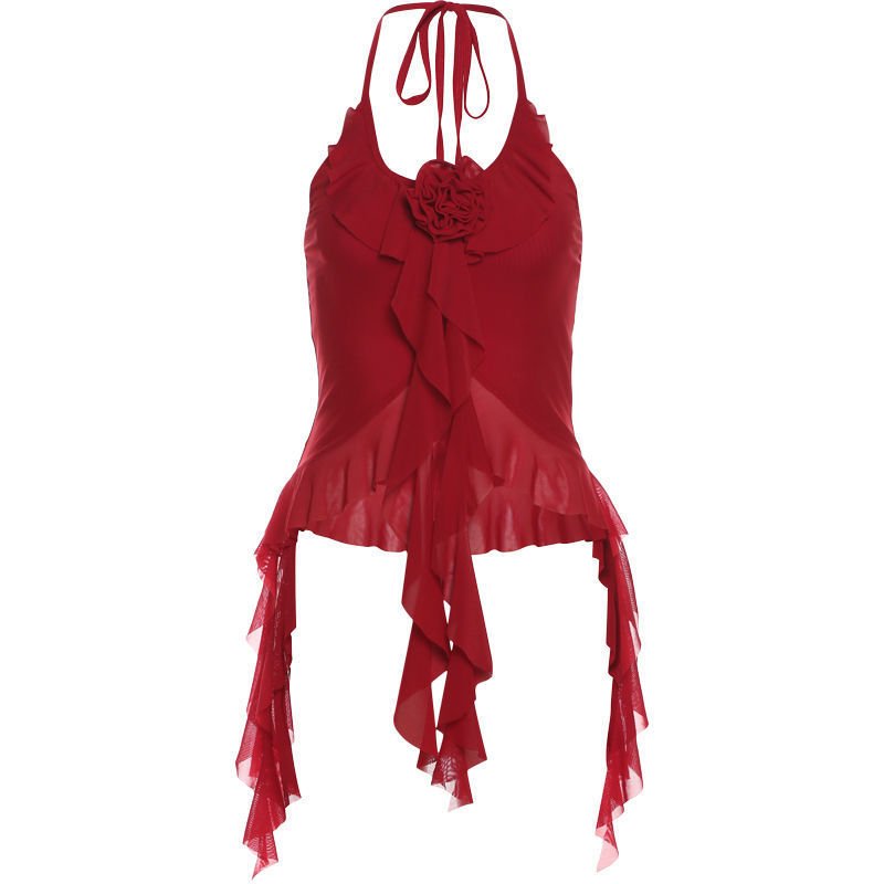 Pure And Alluring Three-Dimensional Floral Halterneck Sleeveless Tank Top - Image 3