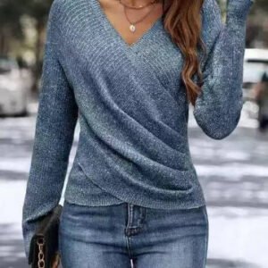 V-neck Long Sleeve Cross Solid Color Knitted Sweater