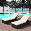 Chaise Lounge Chair Set of 2 with 5 Angle Backrest, Outdoor Coffee Table, Water Repellent Cushions, PE Rattan Wicker Poolside Chairs, 3-Piece Pool Furniture Set, Dark Brown/Cream White