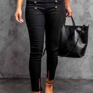 European And American Front Slit Rose Gold Mushroom Buckle Pencil Pants