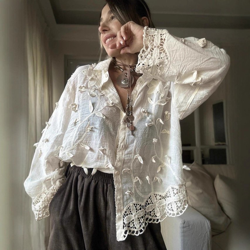 Crocheted Long-sleeved Shirt Autumn Top - Image 3