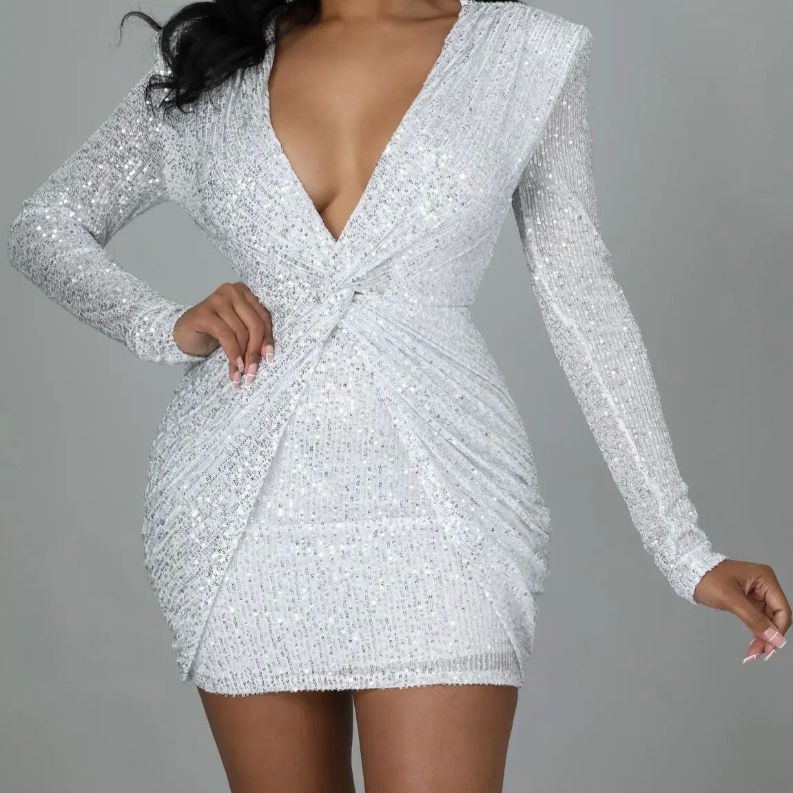 Womens Solid-Color Long-Sleeve Sheath Sequin Dress