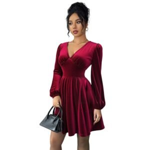 Retro Wine-red Velvet V-neck Dress With Lantern Sleeves