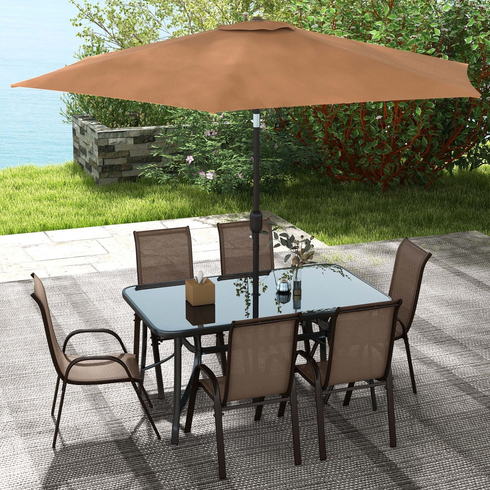 8 Pieces Patio Furniture Set with 9Ft Patio Umbrella, Outdoor Dining Table and Chairs, Light Mixed Brown - Image 2