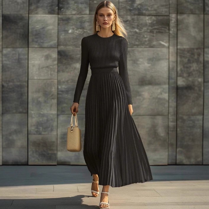 Elegant Casual And Comfortable Long-sleeve Satin Knit Pleated Maxi Dress - Image 2