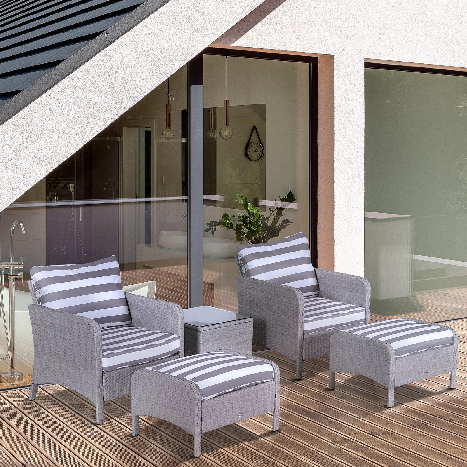 5 Pieces PE Rattan Garden Furniture Set With 10cm Thick Padded Cushions, Wicker Weave Outdoor Seating Chairs With 2 Armchairs, 2 Stools, Glass Top Table, Grey And White - Image 2