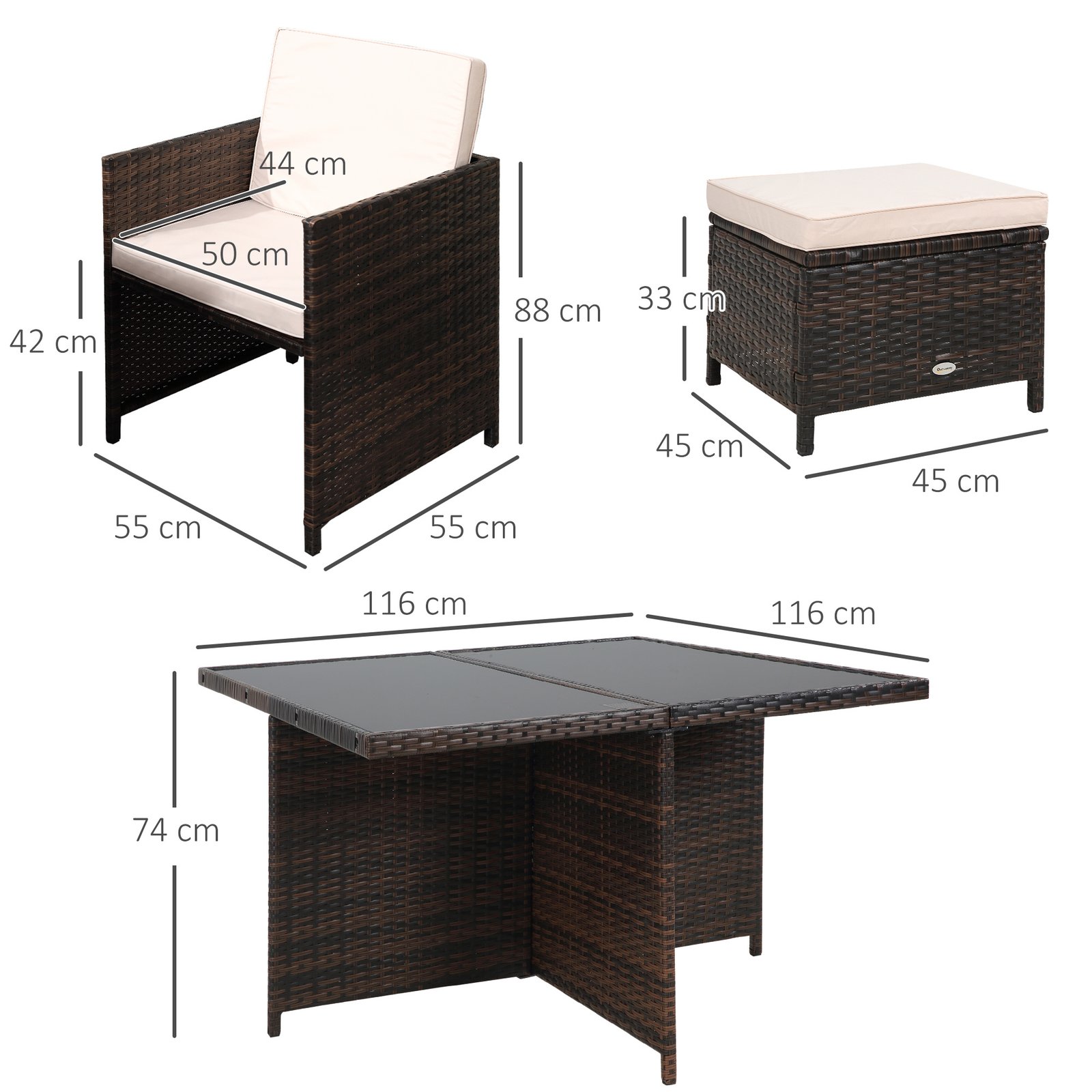 8 Seater Rattan Cube Garden Furniture Set, Rattan Dining Set With Cushions, Outdoor Dining Table And Chairs With 4 Armchairs, 4 Stools, Square Glass Top Table For Patio, Balcony, Brown - Image 3