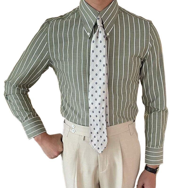 Lapel Vintage Stripe Versatile Slim-fit Long Sleeve Shirt - Image 4