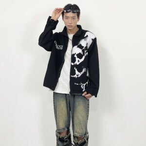 Embroidered Skull Print Black Denim Jacket