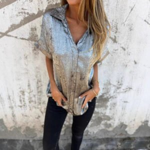 Women's Solid Color Casual Loose Bronzing Short-sleeved Lapel Shirt
