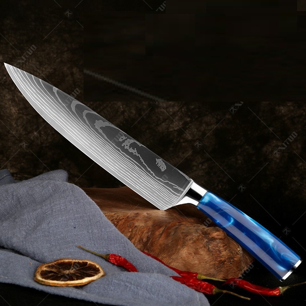 Damascus Pattern Blue Resin Handle Kitchen Knife Set - Image 3