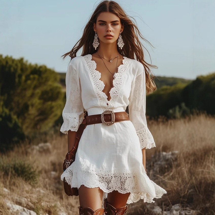 Solid-color Lace-trimmed V-neck Short-sleeve Dress With Lace Detailing - Image 5
