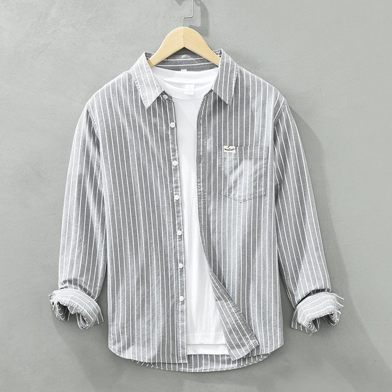 Simple Versatile Striped Oxford-cloth Long-sleeve Mens Casual Loose-fit Cotton Shirt - Image 6