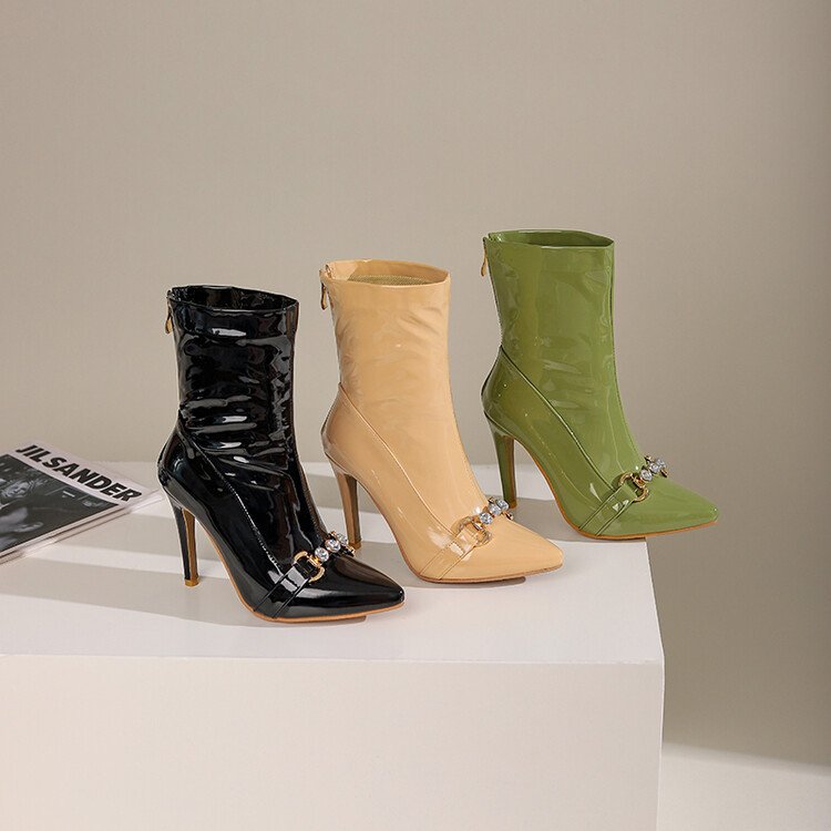 Patent Leather Pointed-toe High-heeled Ankle Boots - Image 4