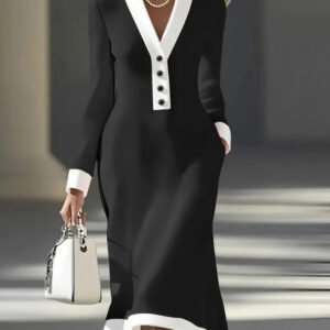 Commuting Color-block V-neck Midi Dress Casual