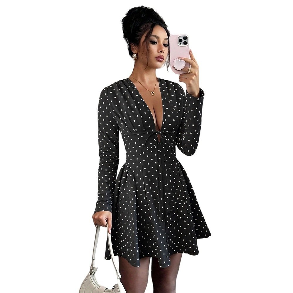 Fashionable Sweet Polka-Dot V-Neck Long-Sleeve Elastic-Waist Dress - Image 6