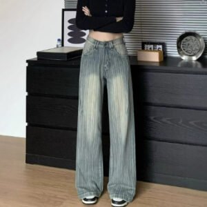 High Waist Striped Blue Loose Wide Leg Jeans Women Draped Pants