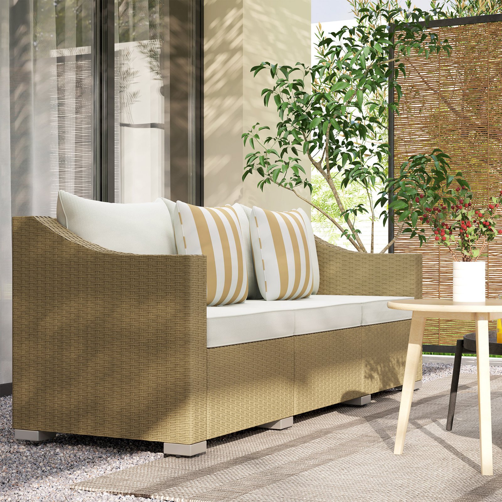 Rattan Wicker 3 Seater Patio Couch With Cushions, 2 Throw Pillows, Outdoor Furniture Rattan Sofa, Cream White - Image 6