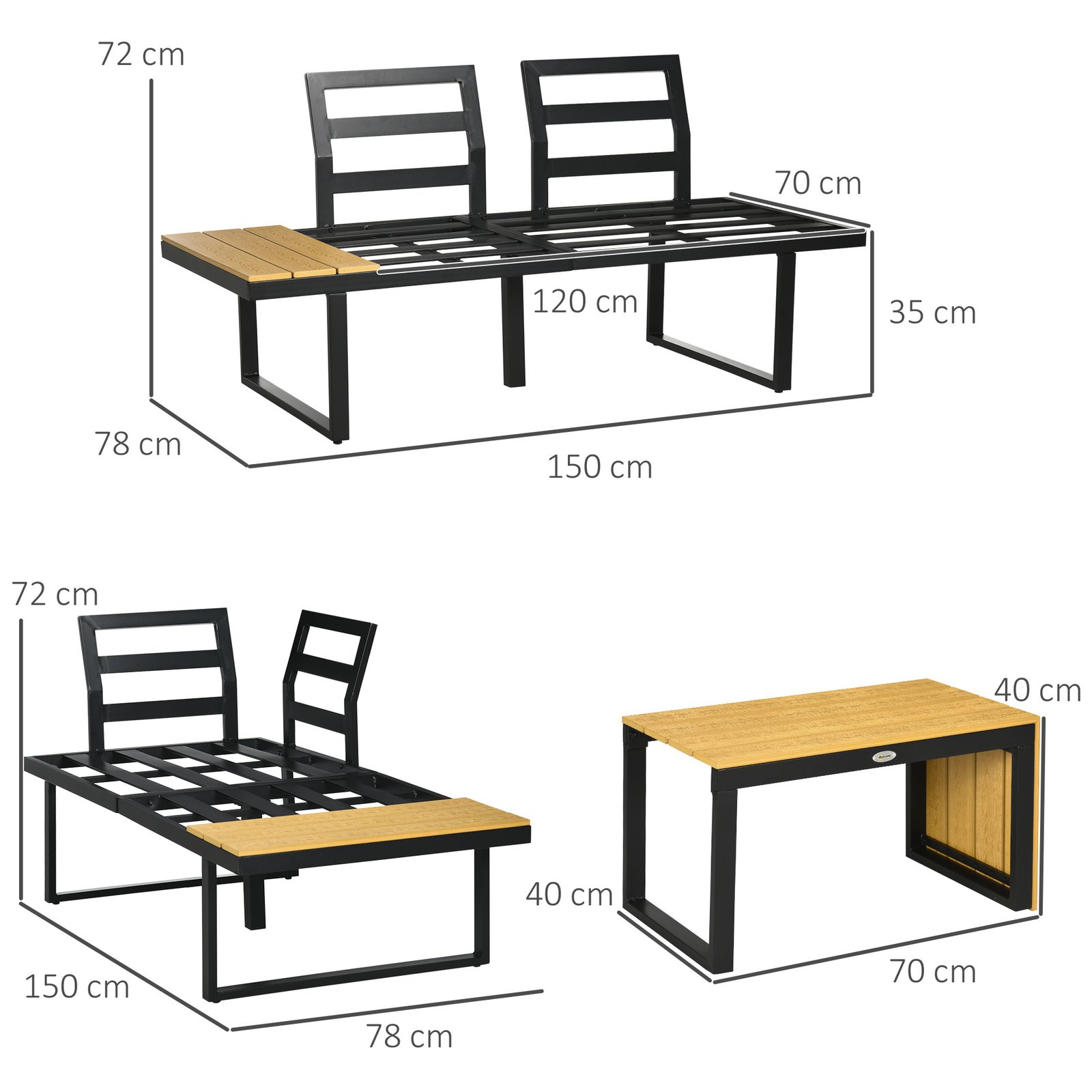 3 Pieces Patio Furniture Set, Outdoor Garden Sofa Conversation Set W/ Padded Cushions, Wood Grain Plastic Top Table And Side Panel, Dark Grey - Image 3
