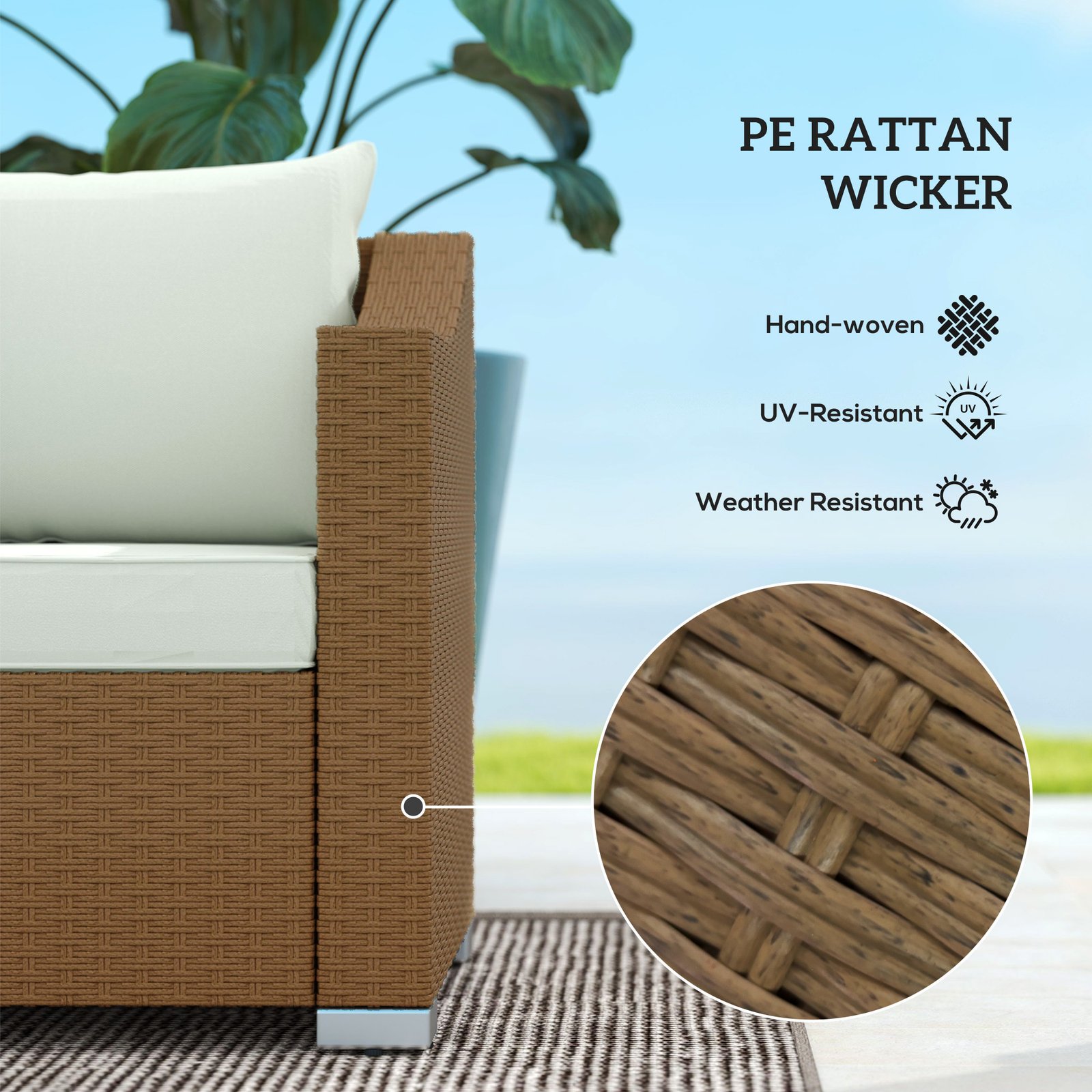 Rattan Wicker 3 Seater Patio Couch With Cushions, 2 Throw Pillows, Outdoor Furniture Rattan Sofa, Light Gray - Image 6
