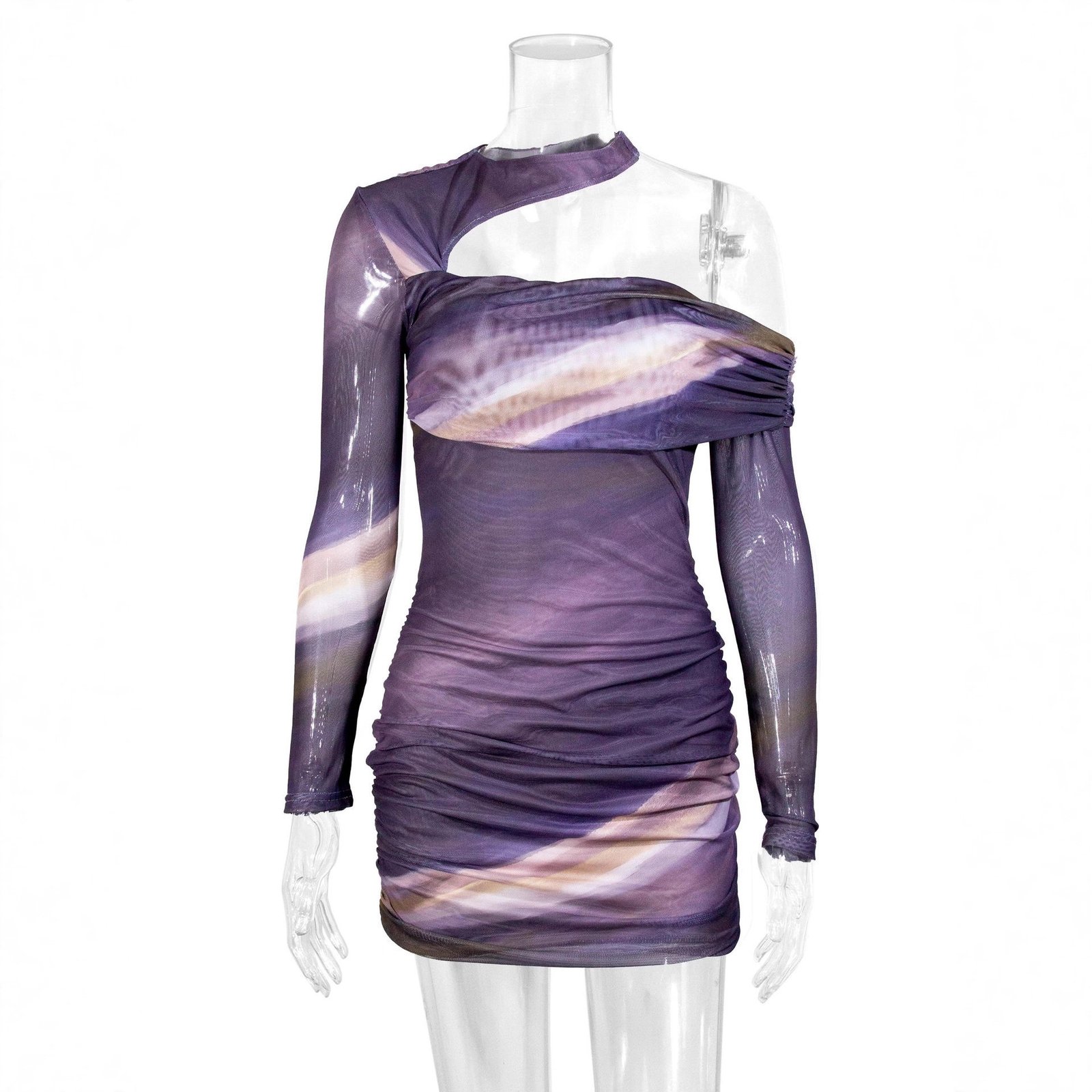 Womens One-shoulder Halter-neck Backless Mesh Dress - Image 4