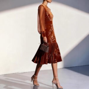 Womens Autumn Winter Caramel Velvet Mermaid Dress