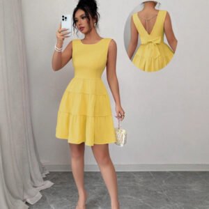 Solid-color Backless Bow-knot Sleeveless Mini Dress