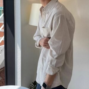 Mens Casual Loose-fitting Long-sleeve Striped Shirt